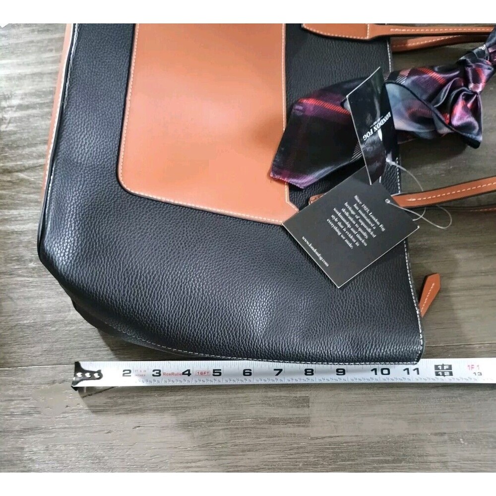 London Fog Black & Tan Brown Handbag Shoulder Bag New  Vegan Leather - Picture 10 of 10